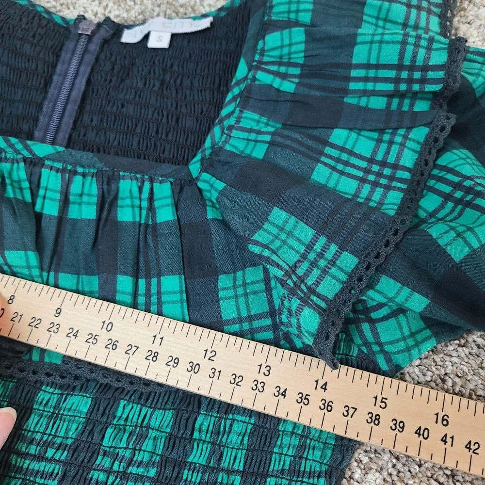 Ivy City Co Plaid Smocked Jumpsuit S Green Blue Puff Sleeve Square Ruffle Neck - Picture 8 of 11